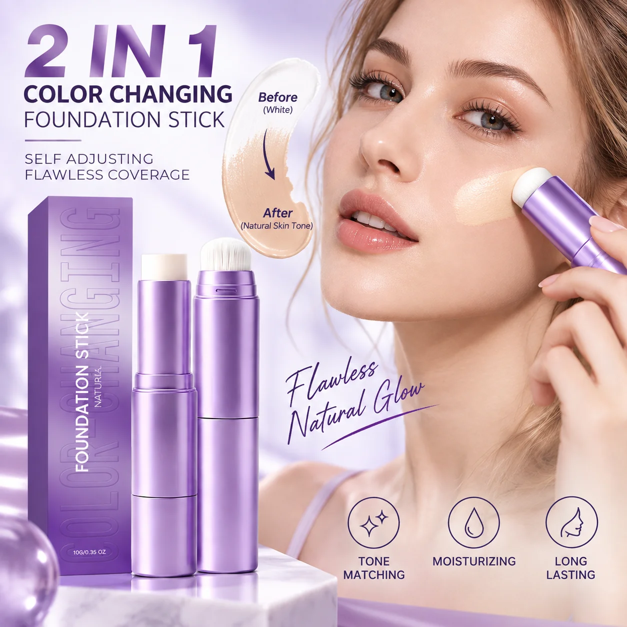 2 in 1 Dual Head Color Changing Foundation Stick Lightweight Moisturizing Smart Skin Tone Adjusting Foundation For All Skin Type