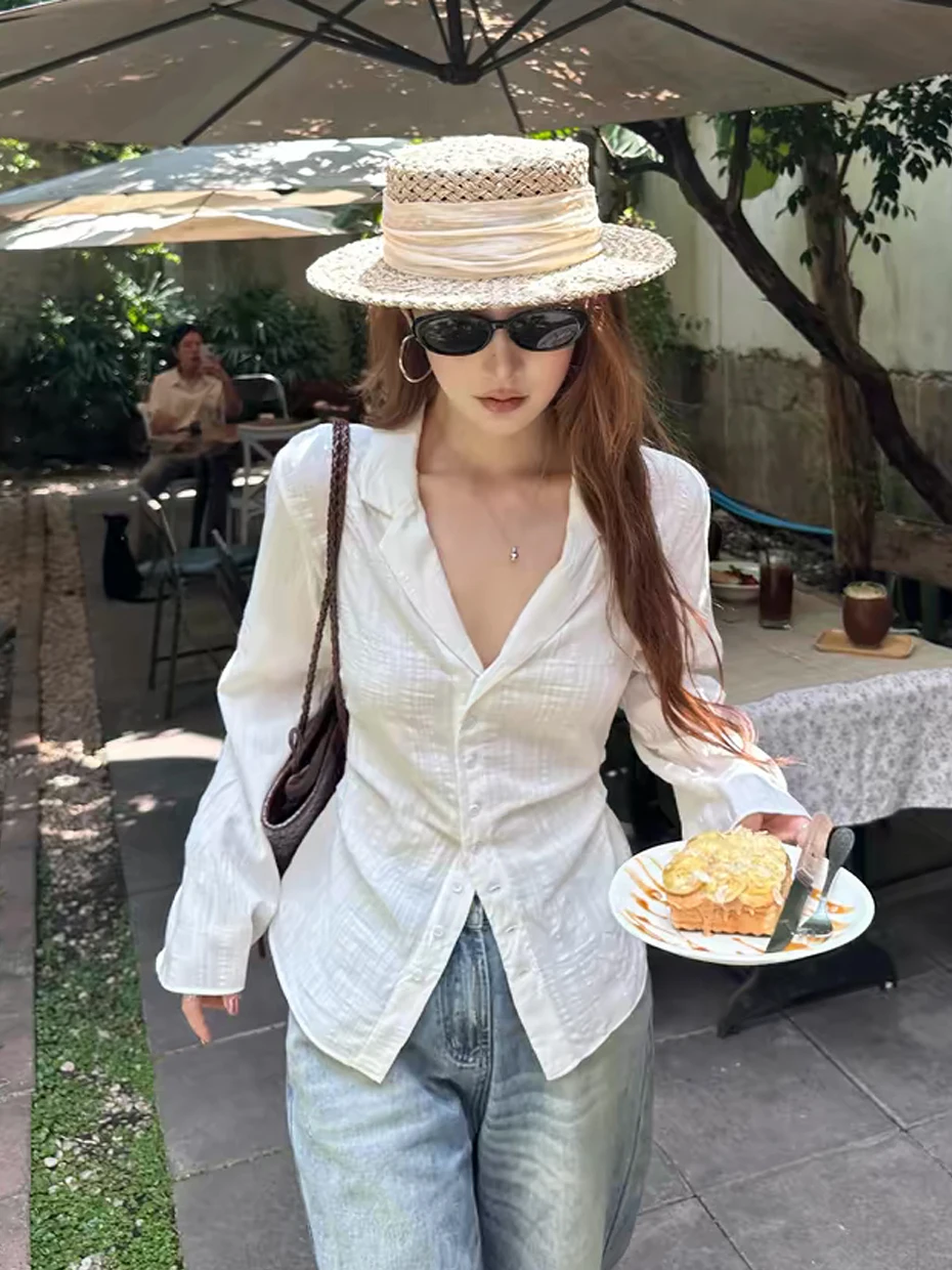 

White Linen Shirt Women Long Sleeve Summer V-Neck Waist-Cinched Pleated Texture Thin Short Top Korean Style Commute Fashion
