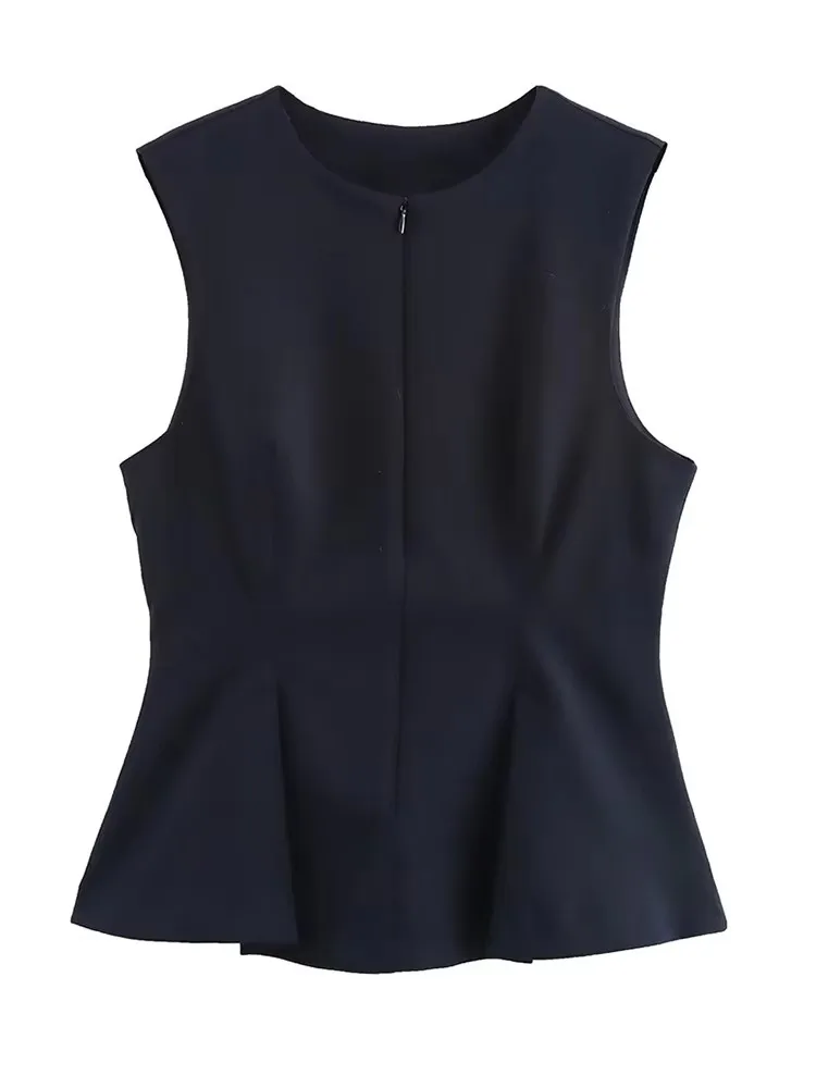 TFMLN, novedad de verano, moda para mujer, Tops con cremallera, camiseta sin mangas informal Vintage con cuello redondo, chaleco plisado ajustado, Top con pliegues de calle alta