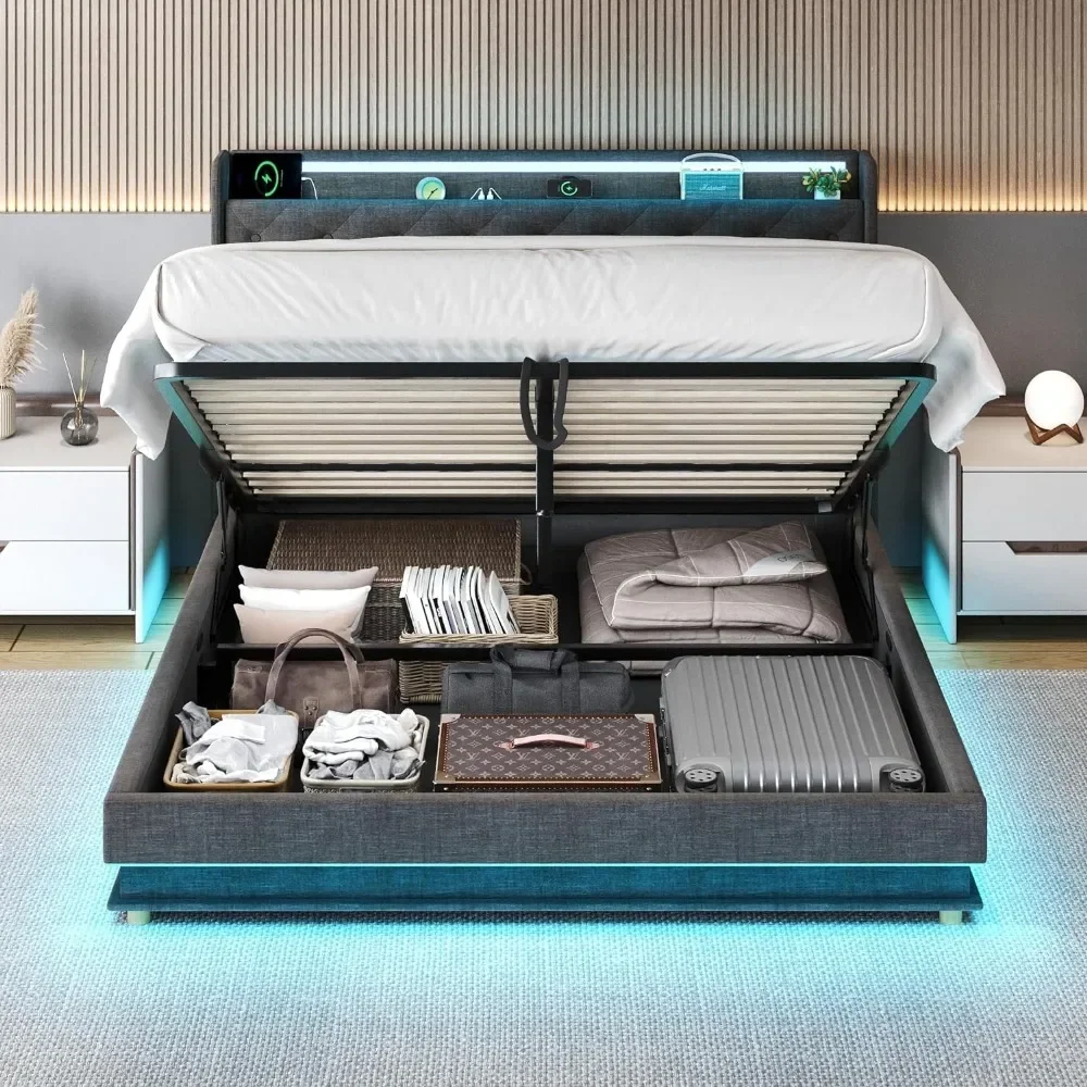 

For Queen Size Bed Frame with Lift Up Storage, Upholstered Platform Bed with Charging Station&Led Lights, Queen Bed