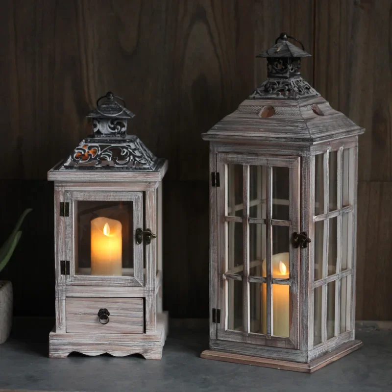 Retro wood glass wind lamp wrought iron floor candlestick windproof decorative ornament horse lamp old photography props