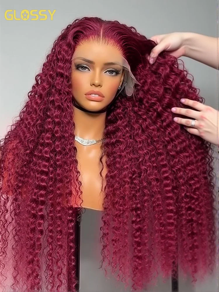 

13x6 Deep Curly HD Lace Frontal Wig 30Inch Glueless Wear And Go 99J Бордово-красный цвет Глубокая волна Парики из натуральных волос на кружеве спереди