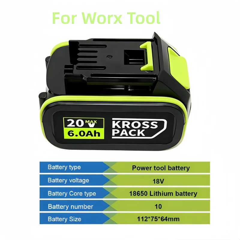 

WORX WA3520 20V 5-Pin Li-ion Battery, 6000mAh 8000mAh High-Capacity Replacement for WA35 Series Cordless Tools,Rechg. Bat.