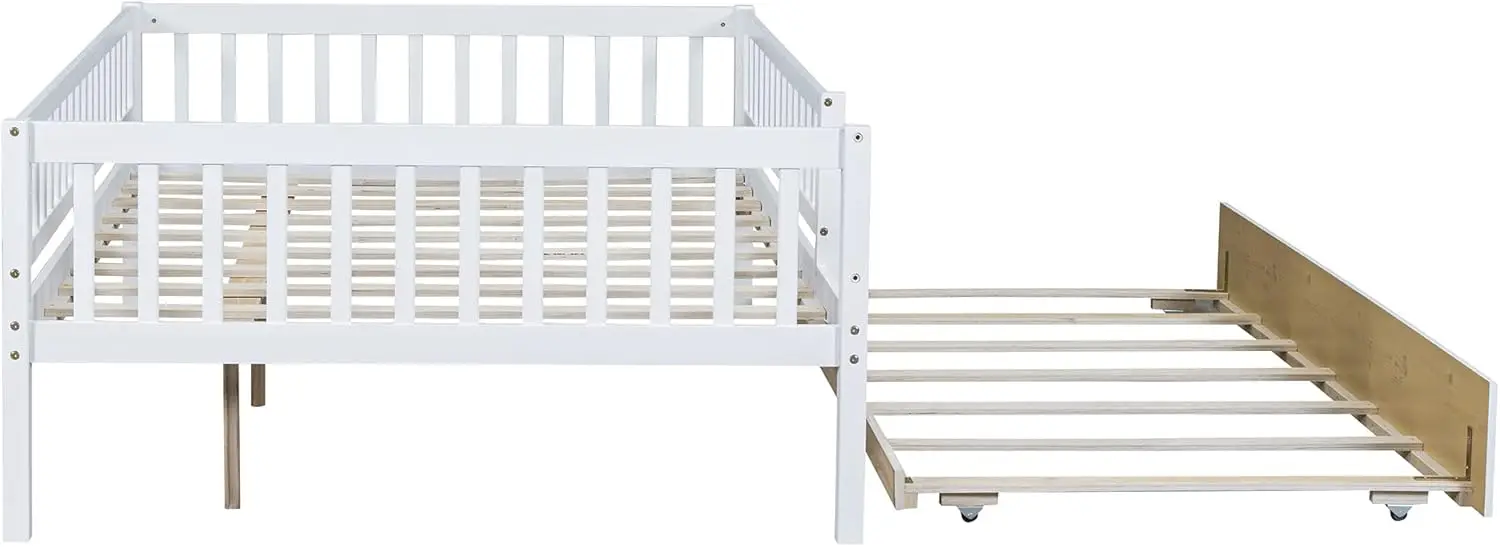 Full Size Wood Platform With Trundle And Fence Guardrails