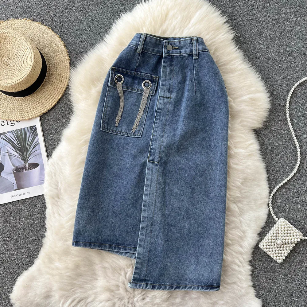 

Summer New Knee Length Denim Skirt Women Streetwear Casual Pocket High Waist Irregular A-line Jeans Skirt