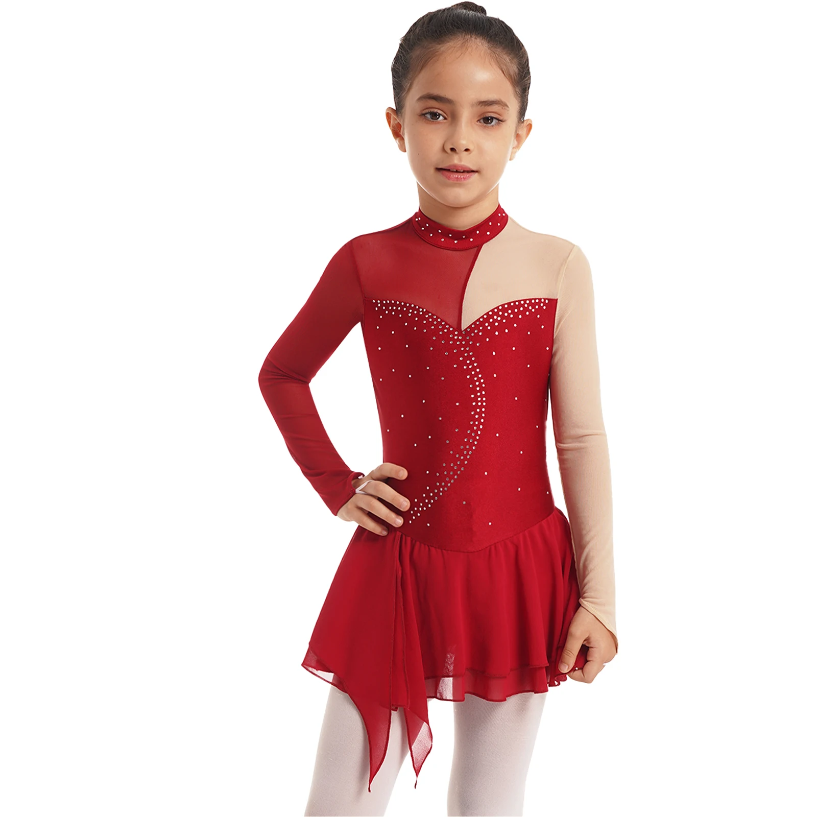 Rhinestone Figure Ice Skating Dress Kids Girls Gymnastics Leotard Ballroom Ballet Dance Costume for Training Stage Performance