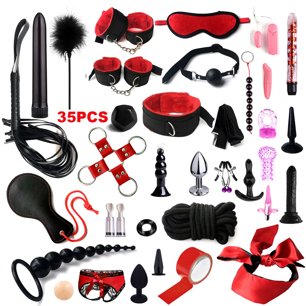 12/17/35 Pcs Adult SM Sex Products Women Sex toys Bdsm Sex Bondage Set Handcuffs Whip Anal plug Vibrator Dildo sextoy Sex Shop