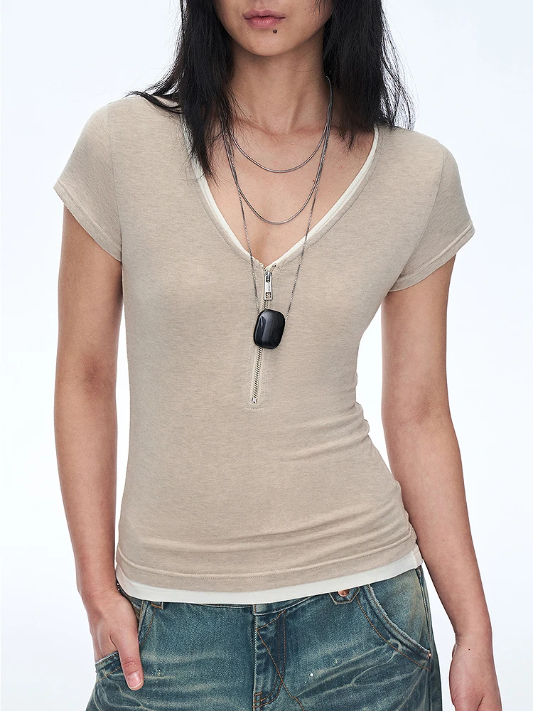 

Универсальный легкий топ из австралийской шерсти с V-образным вырезом на молнии и плечами Multi-Ne pe Весенний повседневный однотонный облегающий крой