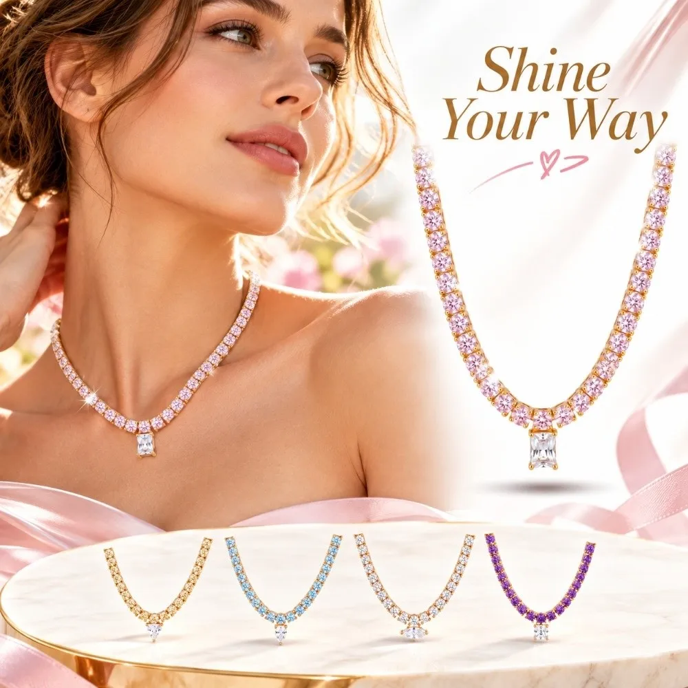 Lightweight Tennis Necklace Closely Set Rhinestone Secure Clasp Macaron Color Necklace Classic Tennis Silhouette