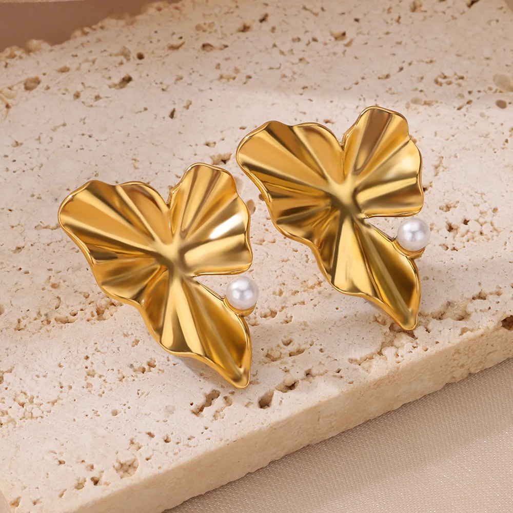 Stainless Steel Irregular Pearl Earrings For Women Gold Color Vintage Leaf Geometric Earring 2024 New Party Wedding Jewelry Gift