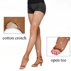 Plus Size Professional Latin Dance Tights Women Sexy Mesh Fishnet Underwear Glitter Rhinestone Party Stockings