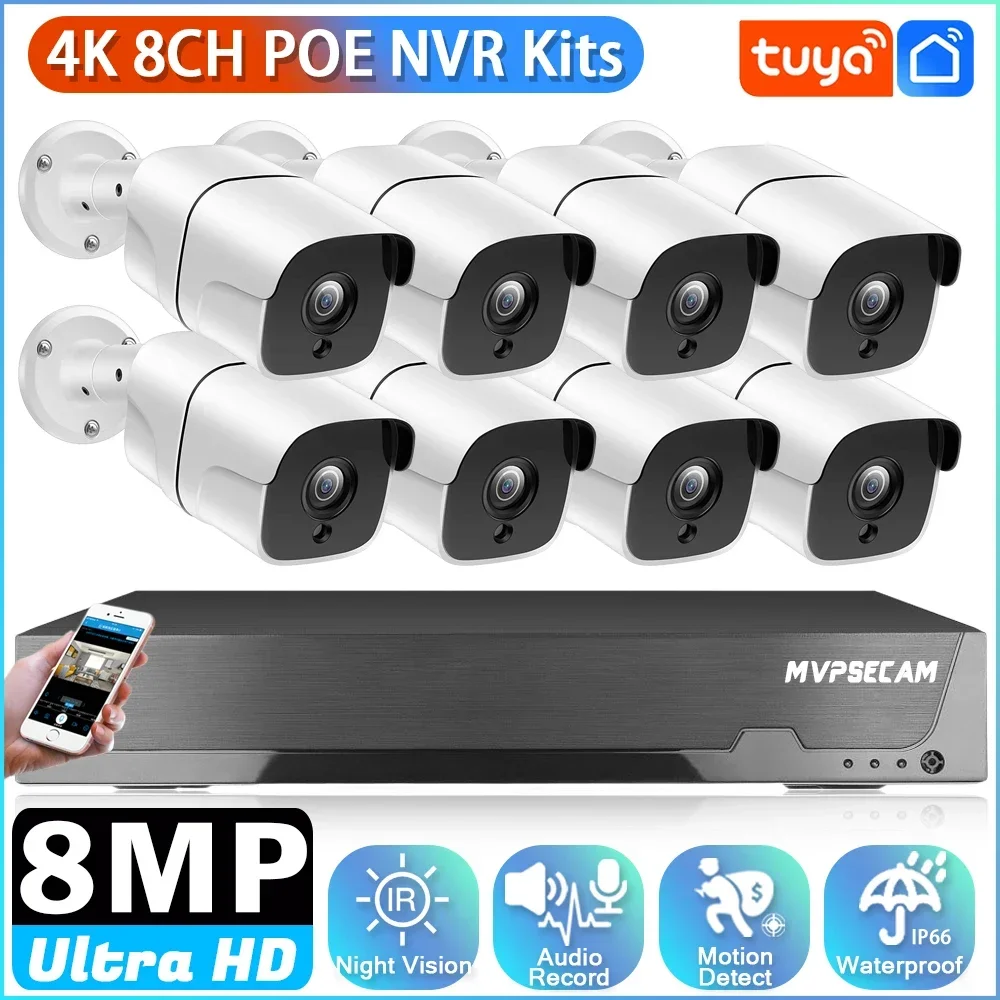 

4K 8MP HD Video Surveillance System H.265 8CH POE Tuya NVR Kit Security CCTV Outdoor POE IP Cameras System With Motion Detection