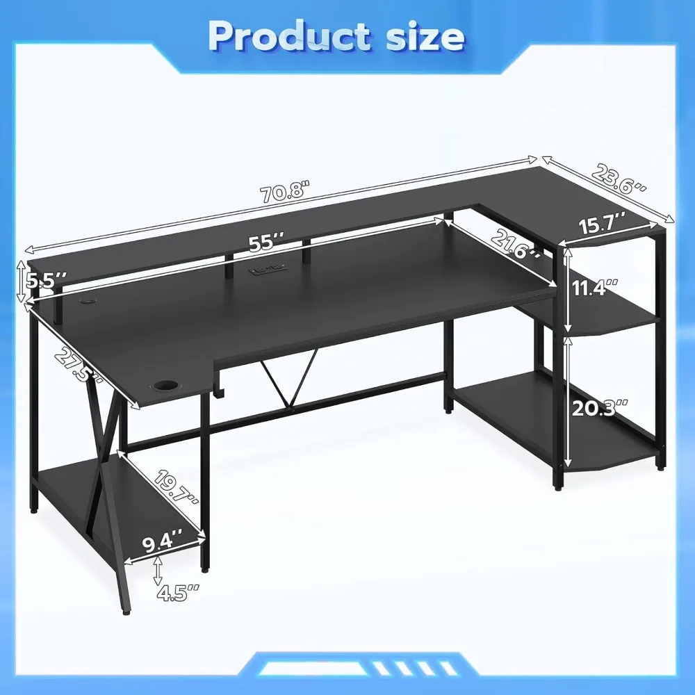 Scrivania da gioco da 70,8'' con luci a LED e ripiani portaoggetti, scrivania per computer con supporto per monitor, prese di corrente e portabicchieri, grande P