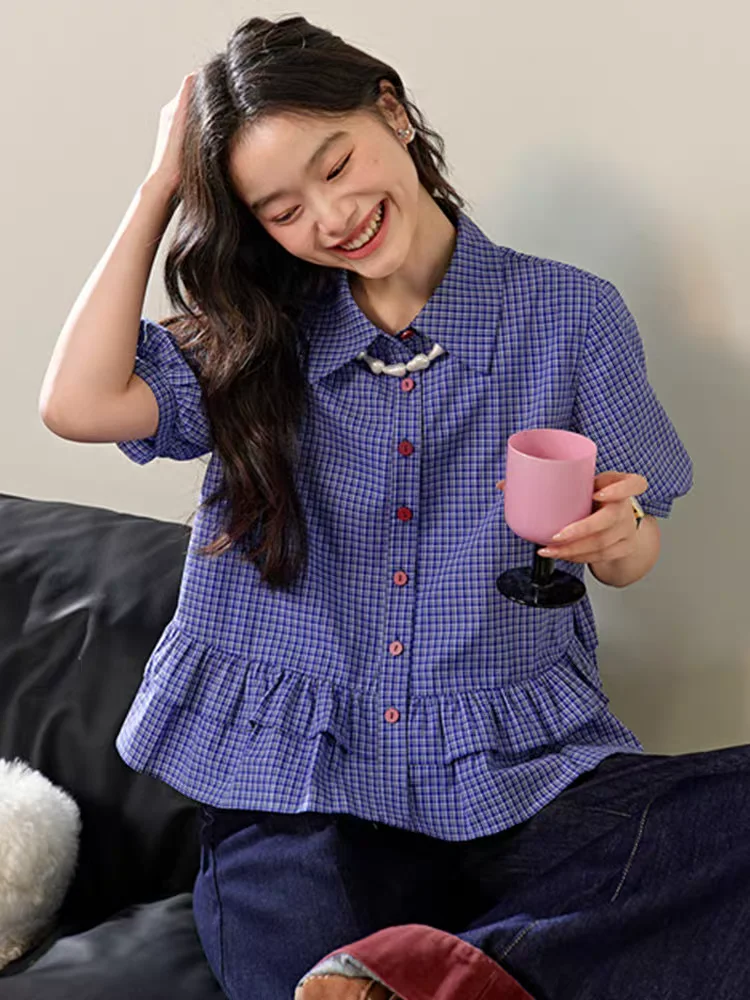 

Blue Plaid ort Sve irt Women's Summer New Sle Miu Matching Lace Trim irt Korean Version Loose Fit Cotton Collar