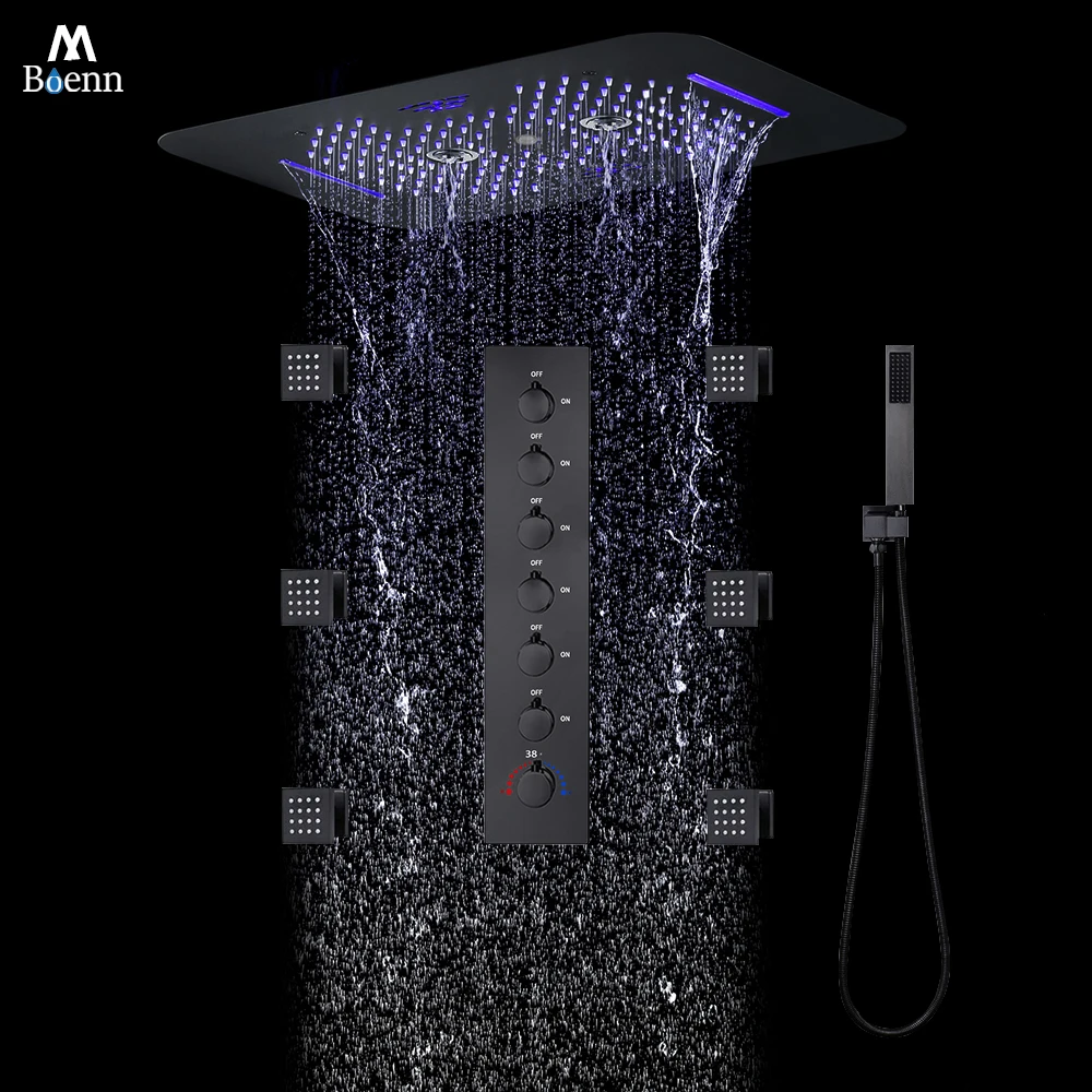 

M Boenn Bathroom Lavish Matte Black Shower Set System Smart Thermostatic Diverter Ceiling Rainfall Shower Head Powerful Body Jet