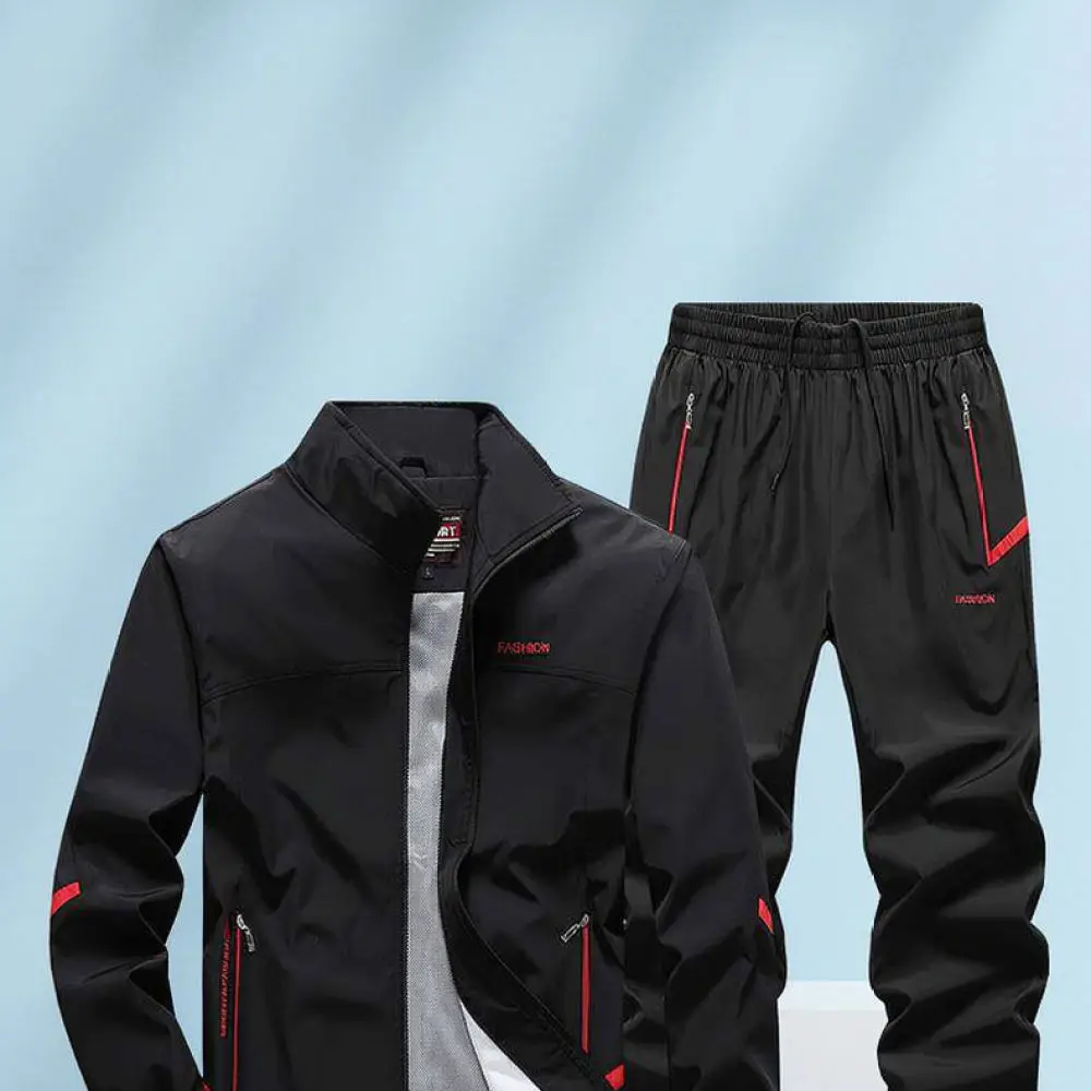 Male Casual Sportswear Set Spring Autumn Stand Collar Zip Up Jacket And Trousers Comfortable Fitness Running Workout Suit