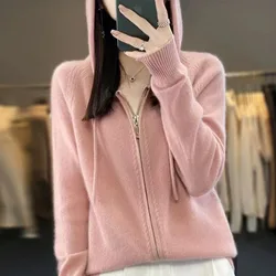 100% Cashmere Sweater Women's Hooded cardigan Fashion Loose Casual Cashmere Sweater Women's Thickened Top Coat Korean Version