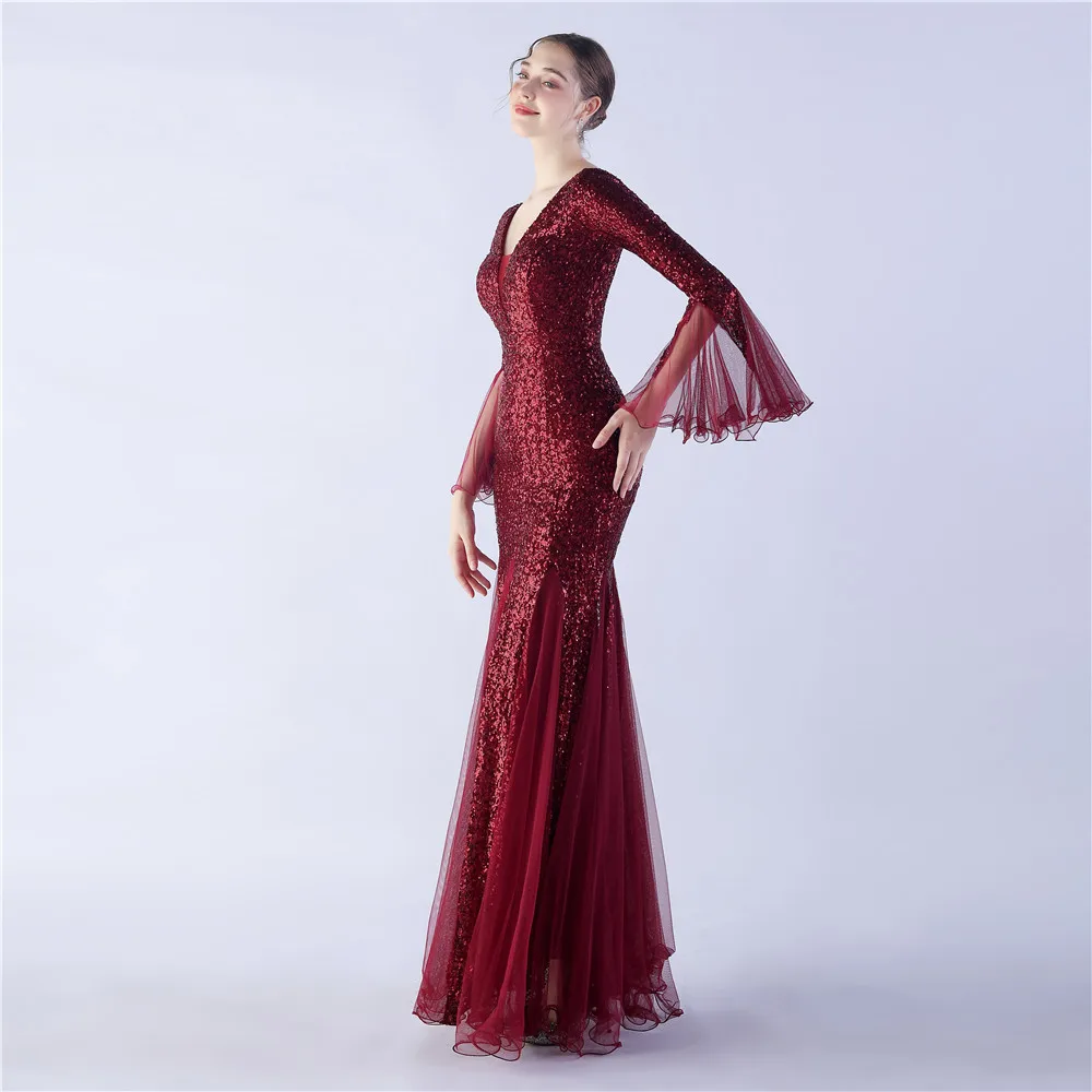 Elegant Burgundy Long Mermaid Full Sleeves Evening Dress Shiny Sequins Tulle Special Occasion Gowns In Stock Women Party Dresses