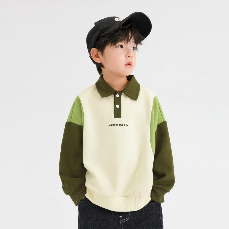 

2025 Autumn/Winter New Children's Polo Collar Design Color Blocked Long Sleeved Hoodie