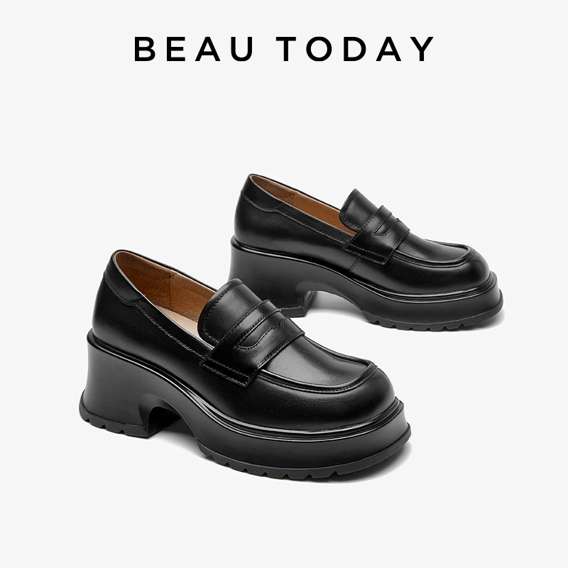 BEAUTODAY Penny Loafers Women Genuine Cow Leather Platform Solid Color Round Toe Slip-on Ladies Shoes Handmade 26598