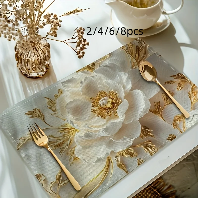 VIKAMA Peony Floral Placemats Elegant White‑Gold Linen Table Mats Heat‑Resistant Washable for Farmhouse Dining Kitchen Decor