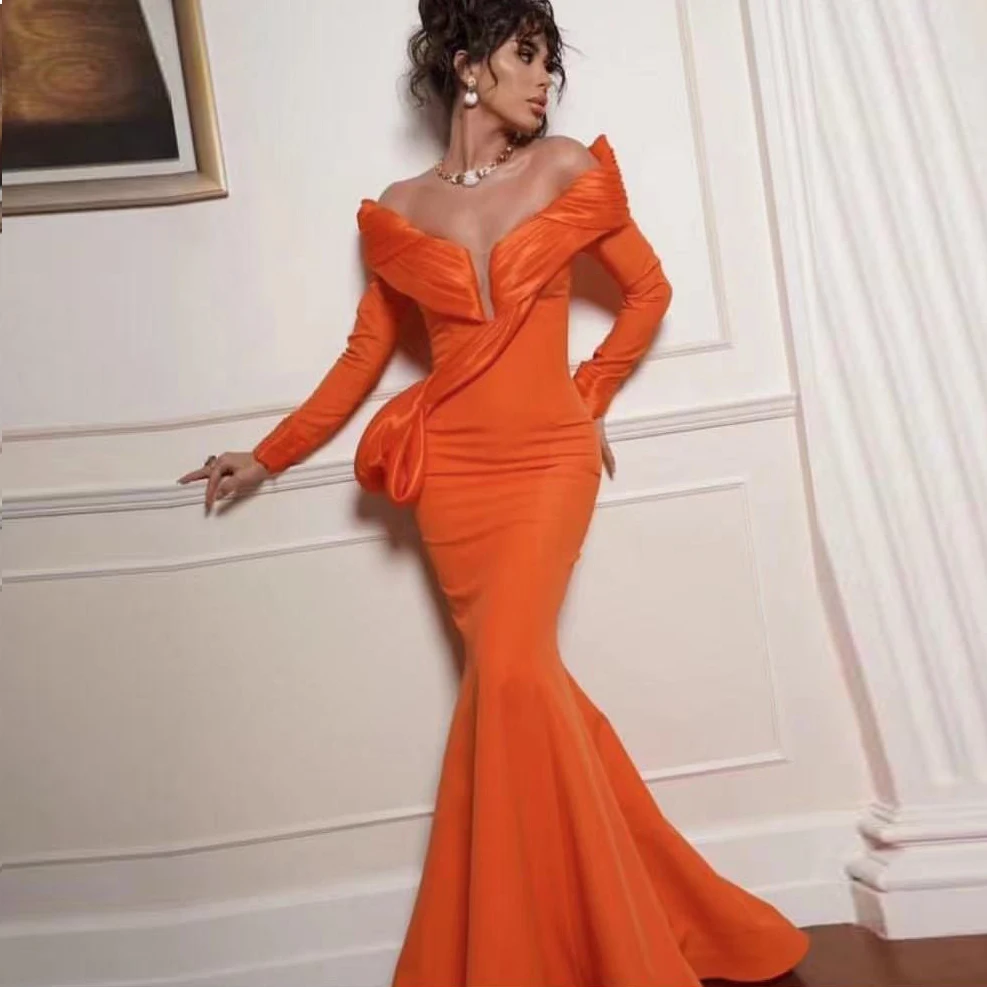 

Elegant Mermaid Dress for Women Formal Occasion Dresses Trumpet Off Shoulder Pleted Full Sleeve Long Prom Gown with Train