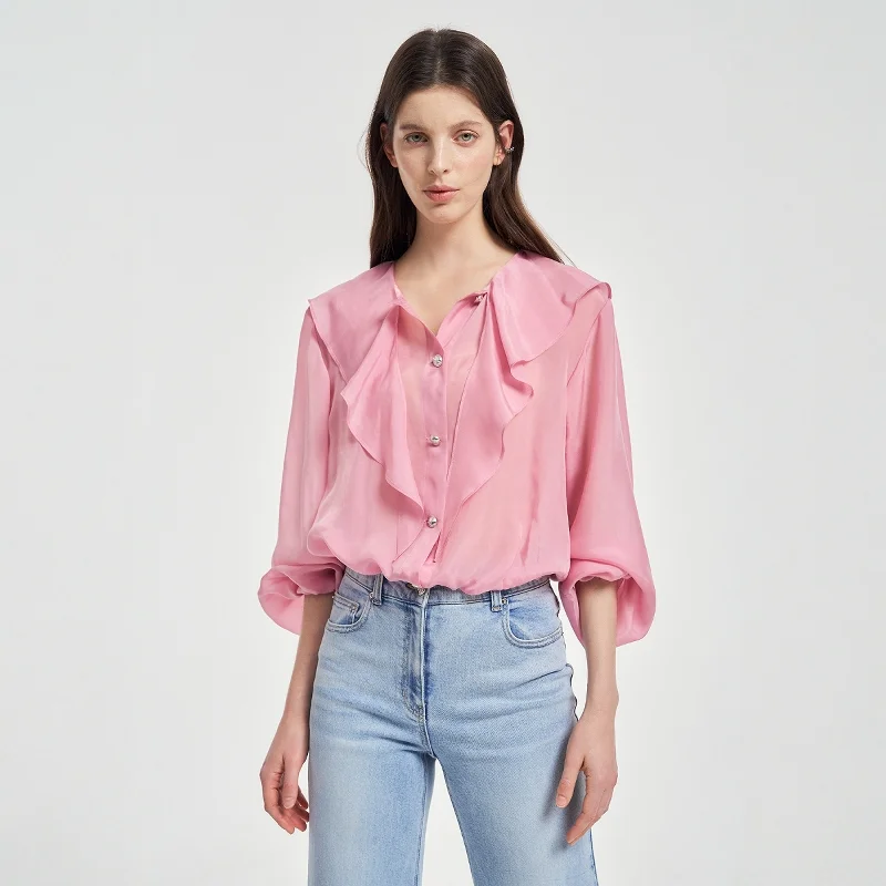 

Korean Sle V-Ne Long Sve irt Light And Sweet Lace Trim Ele Lady Lightweight Top Spring Commute Sle Loose Fit
