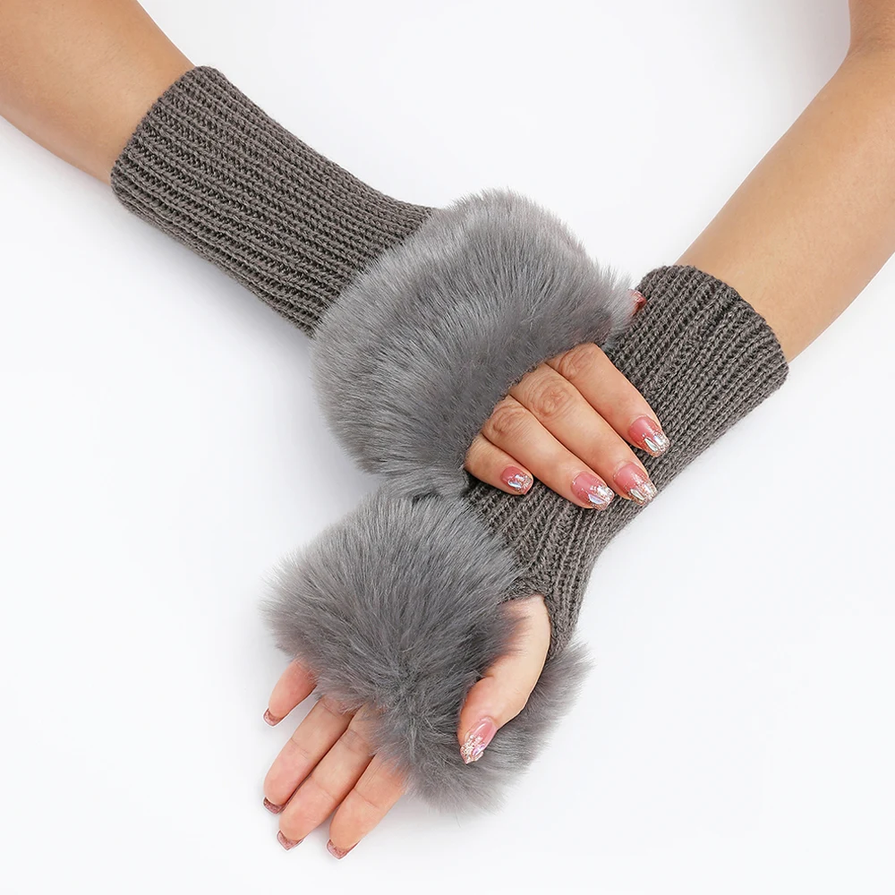 Lady Knitting Faux Fur Arm Sleeves Hand Warmer Half Finger Gloves Autumn Winter Warm Sleeves Fingerless Gloves Outdoor Mittens