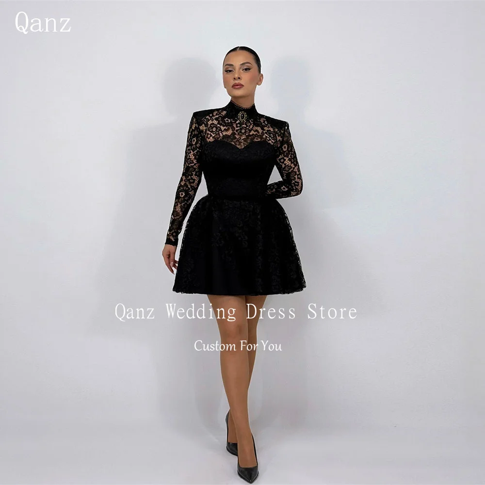 

Qanz High Neck Long Sleeves Prom Dress Short A Line Black Lace Appliques Birthday Dresses Plus Size Vestidos De Festa Customized