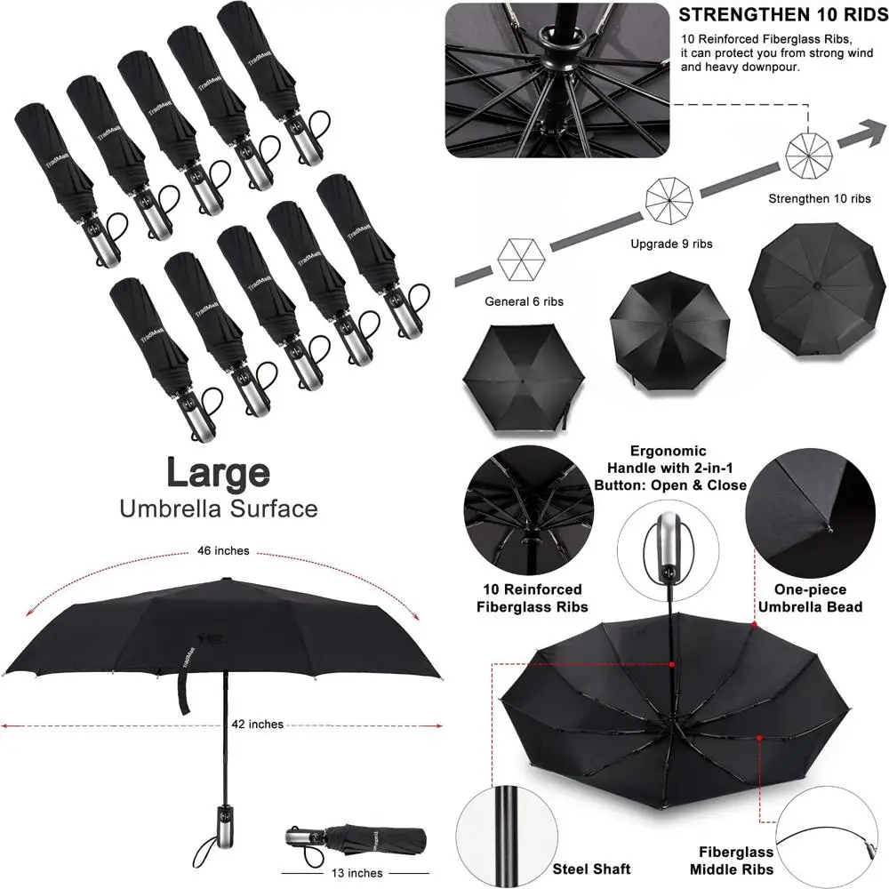 

Windproof Travel Umbrellas - 10 Pack Compact Large Canopy Auto Open Close Ergonomic Handle Portable Umbrellas for Outdoor Use