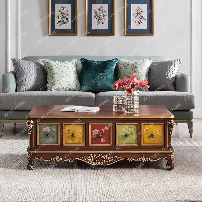 

coffee table solid wood coffee table, retro carved rectangular coffee tableTJ