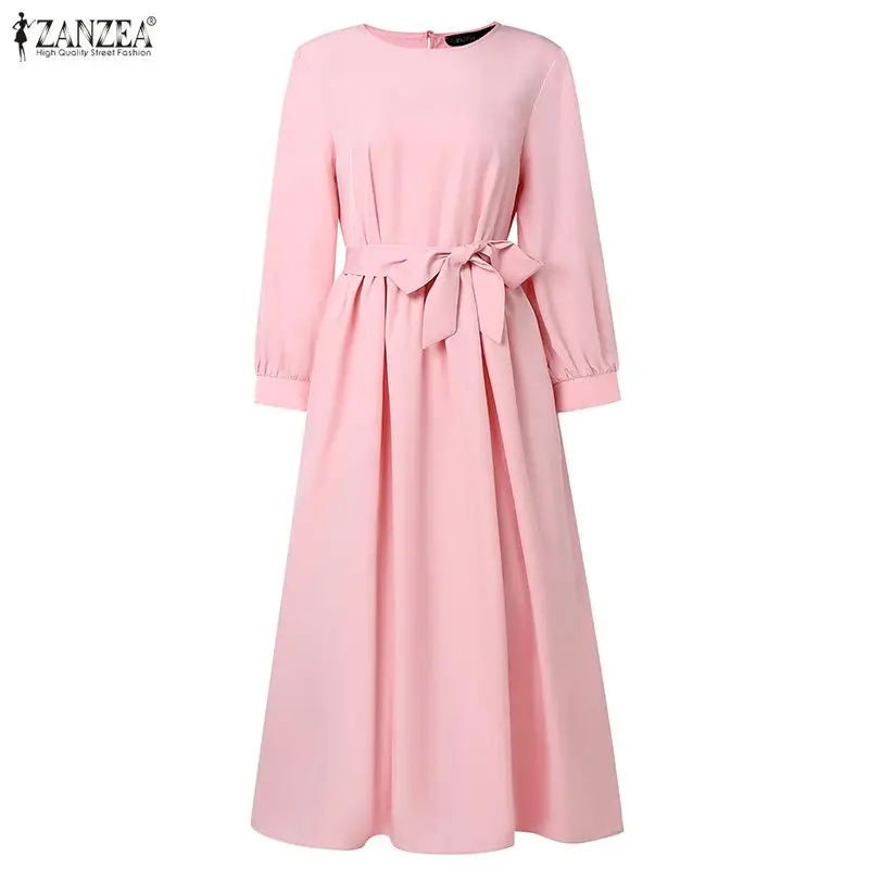 

2026 ZANZEA Elegant Women Long Lantern Sleeve Sundress Muslim Abaya Dress Dubai Robe Elegant Solid A Line Pleated Party Dresses