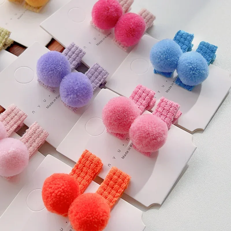 New 2pcs Korean Kawaii Candy Color Pompoms Hair Clips Little Girls Princess Barrettes Headwear Girls Kids Hair Accessories