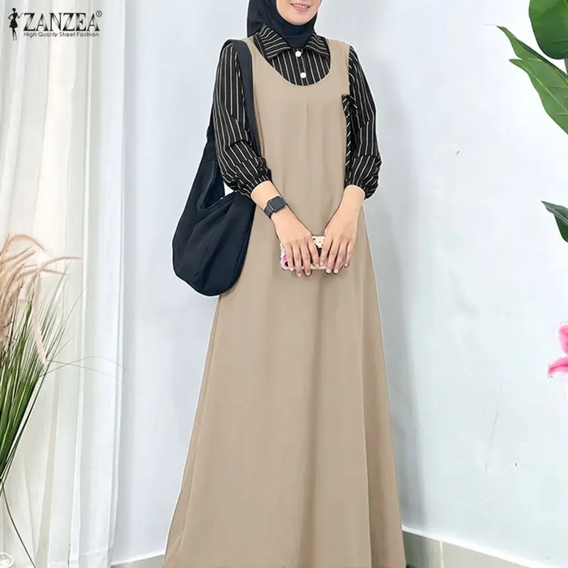 

Women Stirped Patchwork Muslim Abaya Dress ZANZEA Ramadan Robe Elegant Maxi Long Dress Full Sleeve Loose Dubai Sundress Kaftan