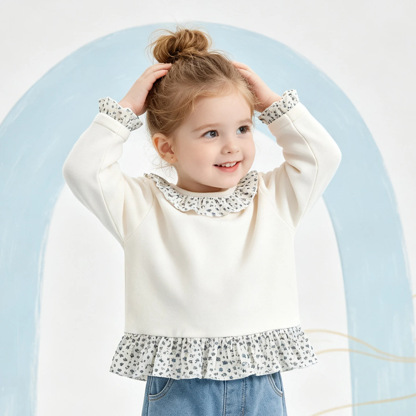 Baby Girls' Floral Ruffle Neck Tee, Cute Drop-Button Long-Sleeve Top, Soft Cotton Blouse for Spring/Autumn