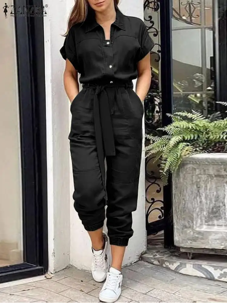 ZANZEA Women Elegant Cargo Pants Long Playsuits 2024 Fashion Summer Jumpsuits Vintage Solid Lapel Neck Short Sleeve Work Rompers