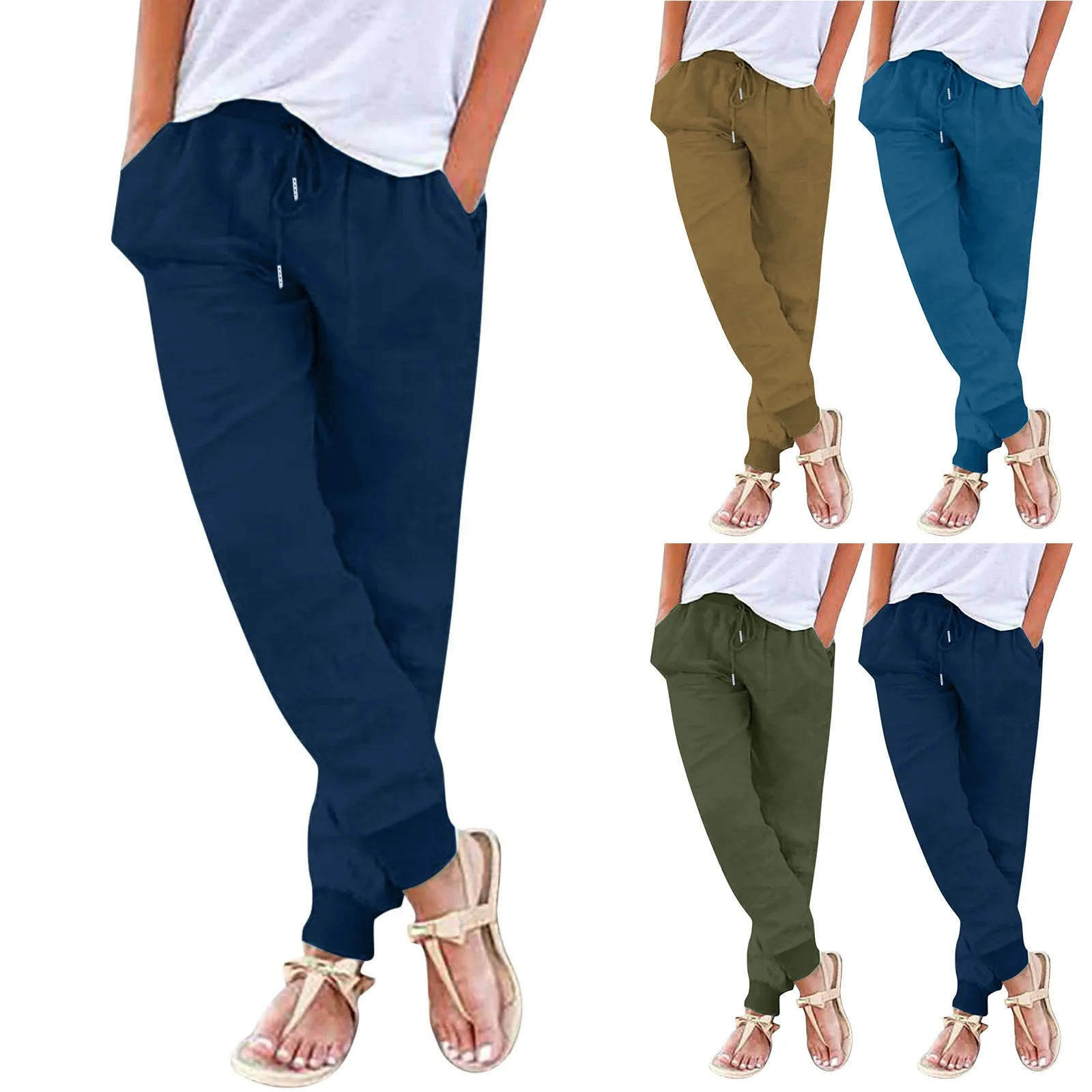 Pantalon décontracté en coton lavé pour femme, cordon de proximité, taille élastique, confortable, FjWith Pockets, document solide