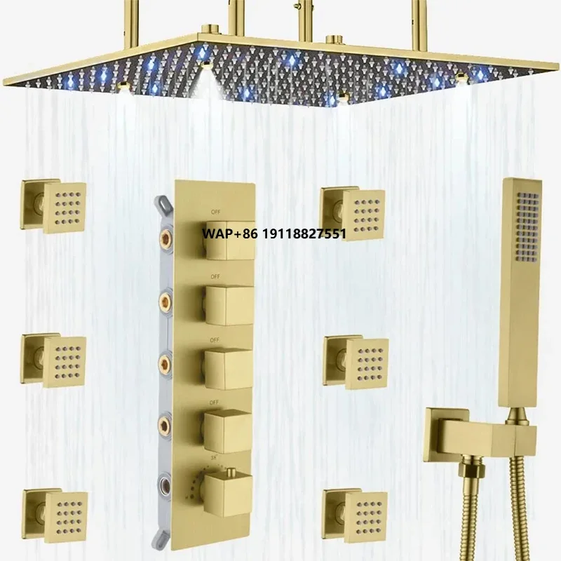 

Modern Luxury Brushed Gold 16 Inch Ceiling Rain Led Bathroom Rainfall Spa Thermostatic Shower System Kits Mixer Set