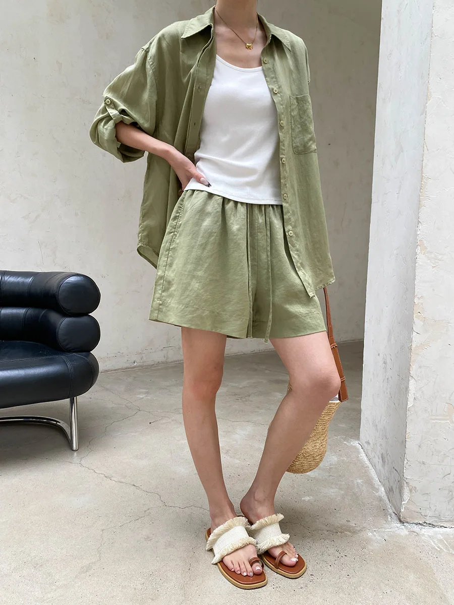 Sommer Damen Casual Einfarbiges Sonnenschutz-Kragen-Langarmshirt mit Kordelzug-Shorts, Lockeres Set – Detail 8