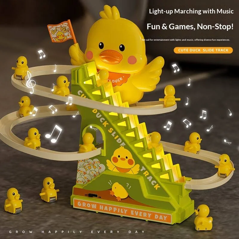 

Electric Duck Climbing Stairs Toy with LED Lights & Music, Roller Coaster Track Slide, Parent-Child Interactive Toy for Kids