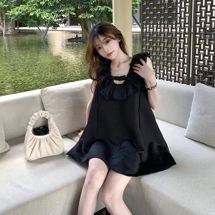 

Japan Retro Summer Dress Suspender Ruffle Skirt Black Little Black Dress Tea Break Dress