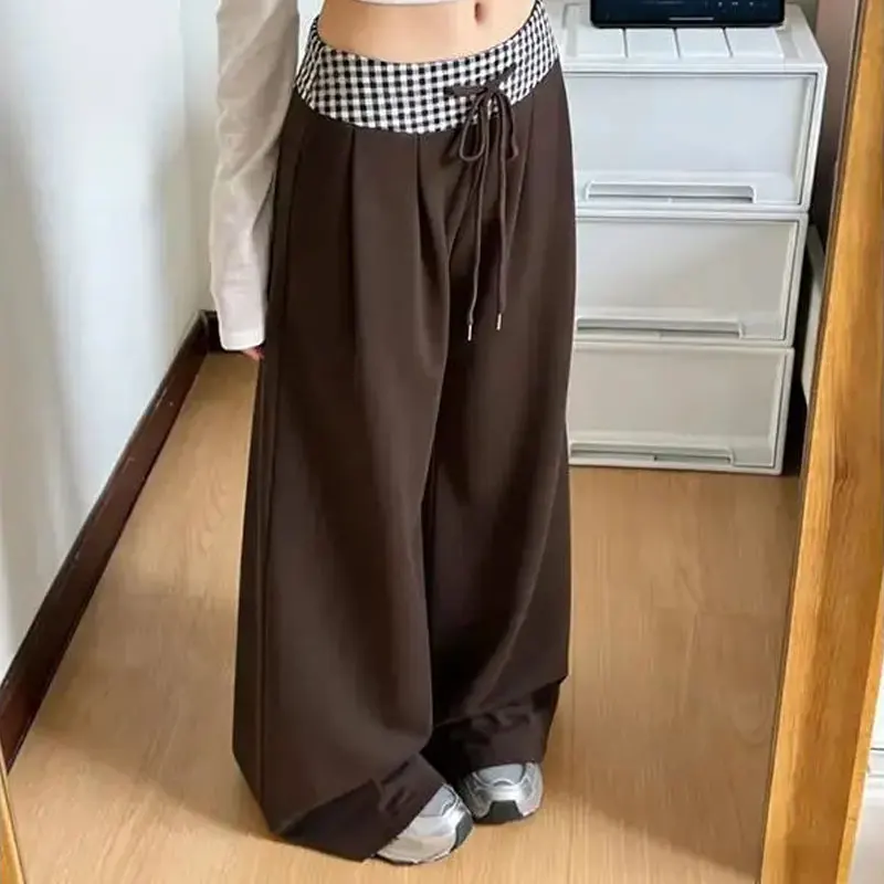 Women 2 Colors Plaid Contrast Waistband Drawstring Pants Wide Leg Autumn High Waist Pleated Retro Length Loose Casual Trousers