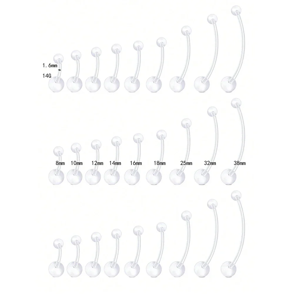 14g 8-38mm Clear Belly Button Rings Belly Rings Navel Rings Bioflex Plastic Belly Ring Curved Barbell Navel Piercings Retainers