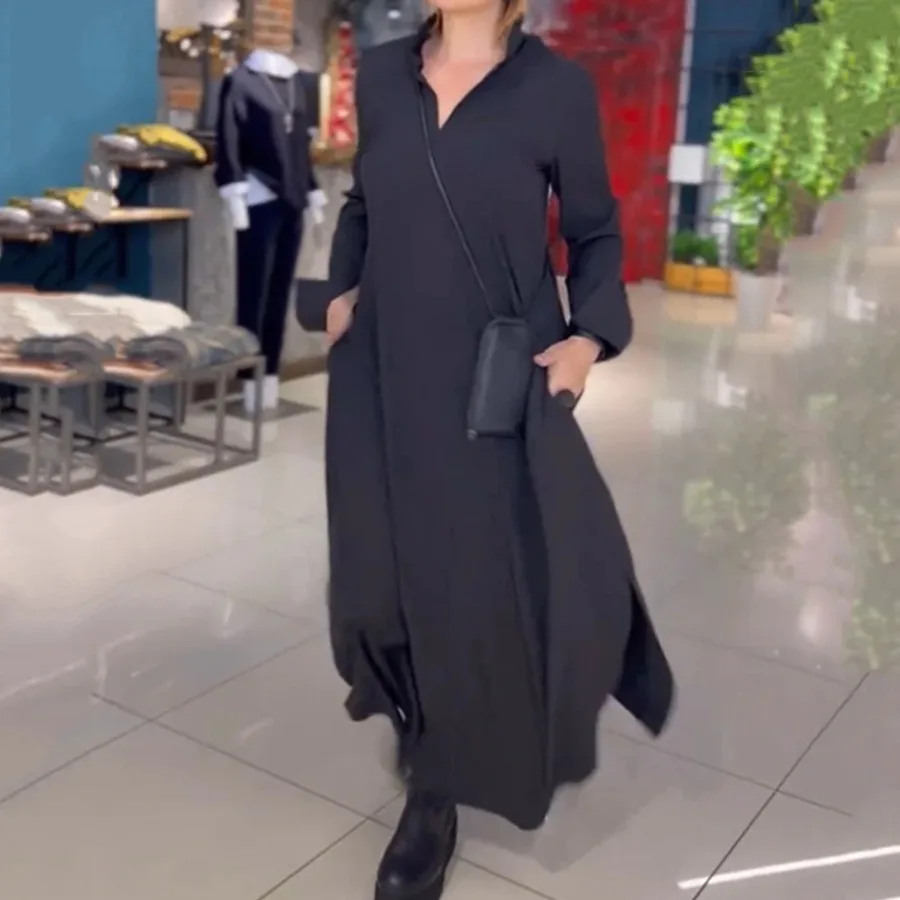 

【New style】2026 - autumn and winter new Europe and America casual loose solid color V-neck overhead long sleeve dress women