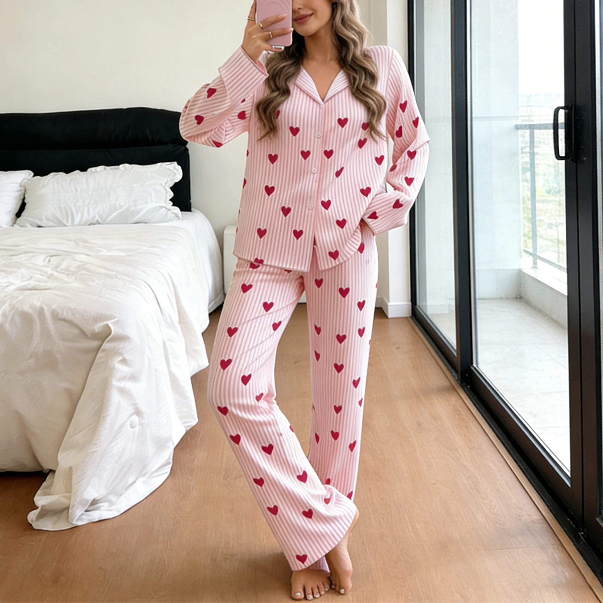 

Womens Valentines Striped Pajama Sets Fashionable Heart Printed Long Sleeve Tops with Pants 2Pcs Soft Sleepwear