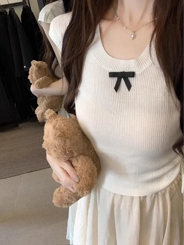 Sweet Blue Bow Knot Drawstring Knitted Short Sleeve T Shirt Women's Fashion Slim Fit Summer New Style Pure Desire Top