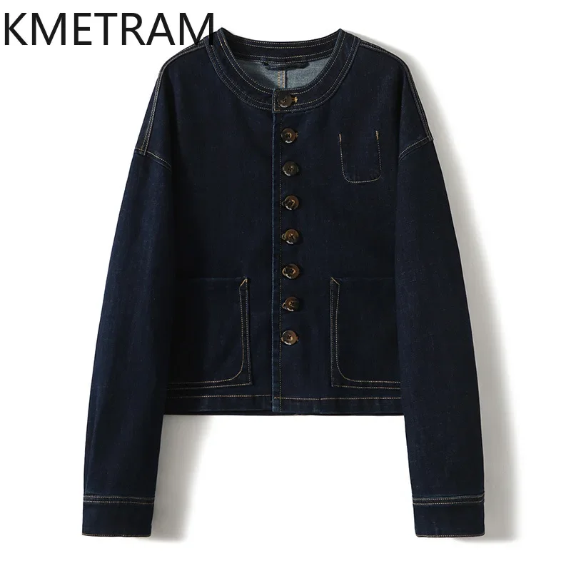 KMETRAM Cotton Jackets High Quality New in Outerwear O-Neck Short Denim Jacket Fall Clothes Women 2024 Chaquetas Para Mujer