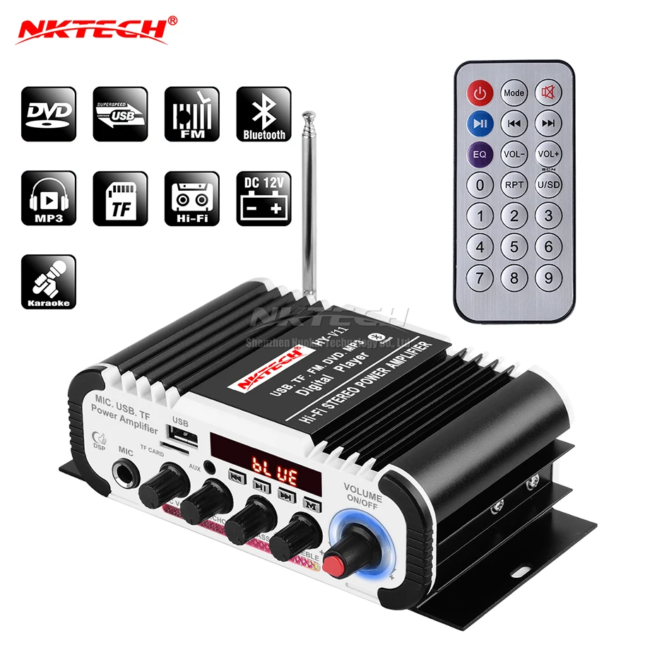 NKTECH HY-V11 samochodowy cyfrowy odtwarzacz audio wzmacniacz mocy bluetooth 2CH x 20W Hi-Fi bas radiowy wzmacniacz z mikrofonem Karaoke pogłos