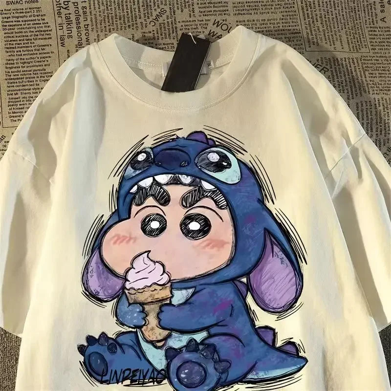 Camiseta a la moda con personaje de dibujos animados de Crayon Shin Chan para mujer, ropa informal con estampado de patrón Harajuku, verano 2025