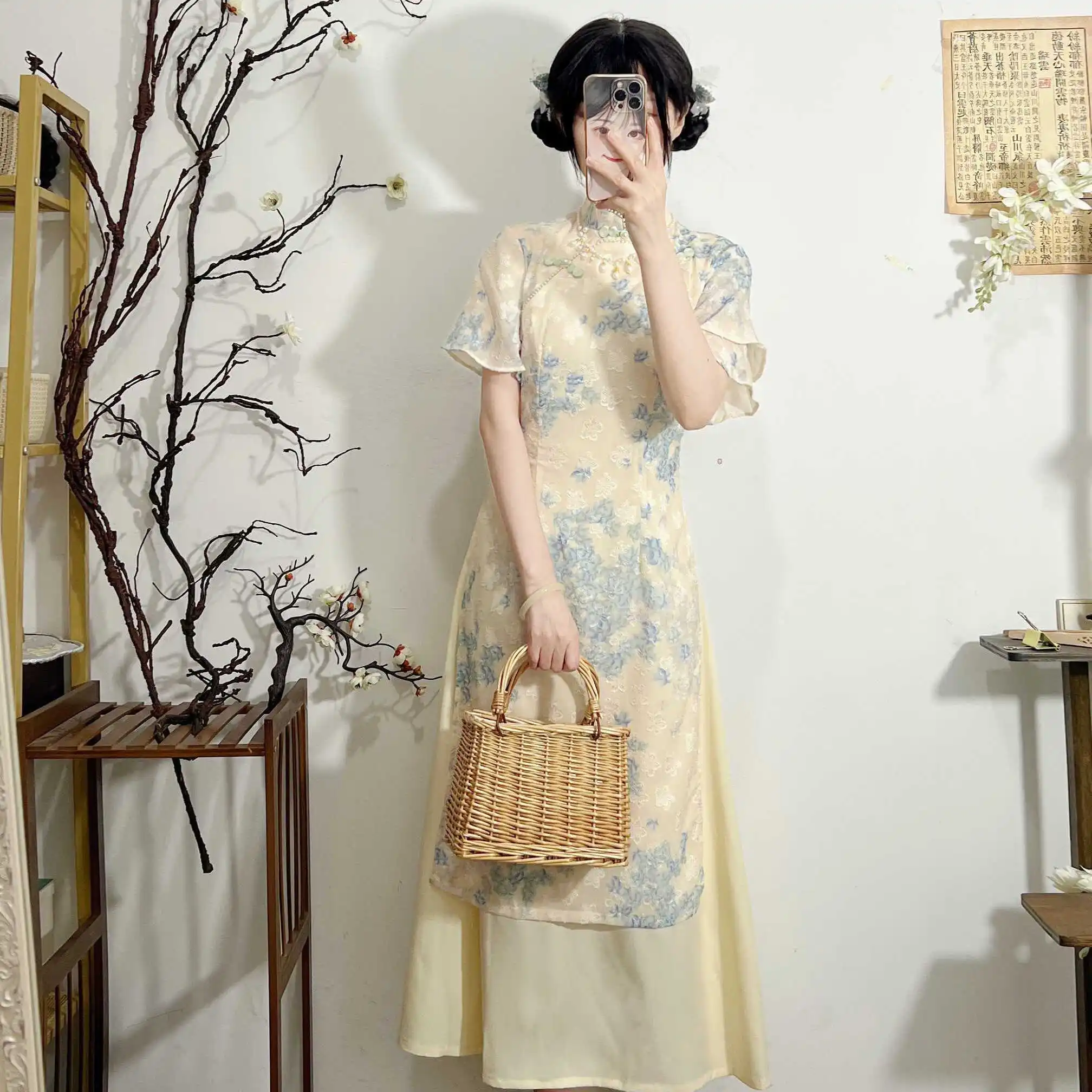Fake tweedelige Cheongsam 2025, nieuwe dames zomerjurk, halflang